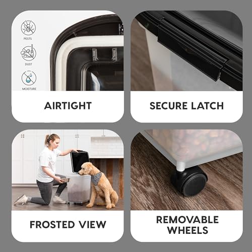 IRIS USA 50 Lbs / 65 Qt WeatherPro Airtight Pet Food Storage Container with Removable Casters, for Dog Cat Bird and other Pet Food Storage Bin, Keep Fresh, Translucent Body, Easy Mobility, Clear/Black