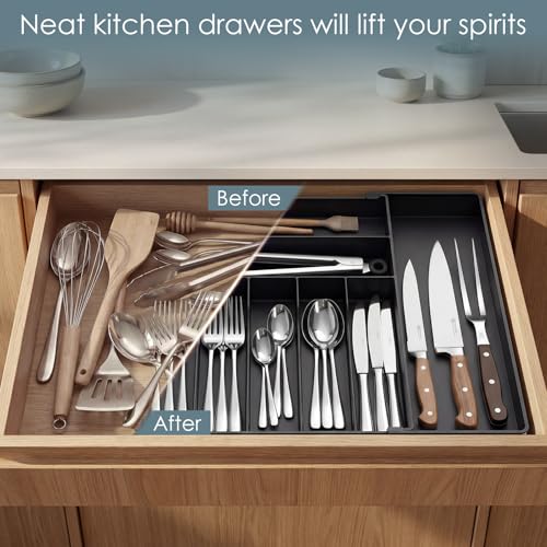 Extra Large Silverware Organizer, 9 Slot Expandable Kitchen Drawer Organizer, Utensil Holder, Heavy Duty Stainless Steel Frame Silverware Drawer Organizer, 8 Non-Slip Feet Included, BPA Free, Black - color: Black