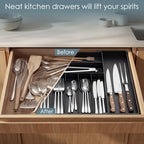 Extra Large Silverware Organizer, 9 Slot Expandable Kitchen Drawer Organizer, Utensil Holder, Heavy Duty Stainless Steel Frame Silverware Drawer Organizer, 8 Non-Slip Feet Included, BPA Free, Black - color: Black