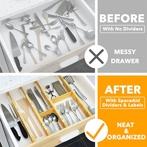 SpaceAid Bamboo Drawer Dividers with Inserts and Labels, Kitchen Adjustable Drawer Organizers, Expandable Organization for Home, Office, Dressers, 4 Dividers with 9 Inserts (17"-22" Natural) - color: NATURAL, size: 2.35''H, 17''-22''L, 4 Dividers