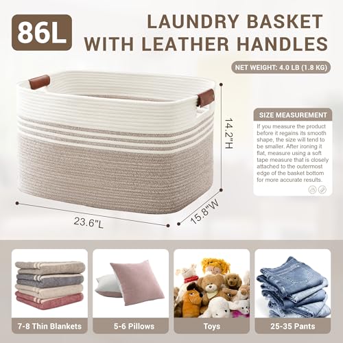 86L Extra Large Laundry Basket with Leather Handles for Living Room Storage, Woven Rope Baskets for Blanket, Kids Toy, Gifts, Wicker Hamper for Bedroom Dirty Clothes, 24"x16"x14" White Brown - color: Brown, size: 86L