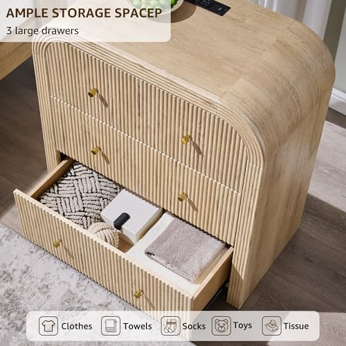 T4TREAM Fluted Dresser with 3 Drawers, 32" Tall Modern Chest of Drawers with Thickened Curved Profile Design, Wood Closet Clothes Storage Organizer for Bedroom, Living Room, Hallway, Natural Oak - color: Natural Oak, size: 15.7"D x 30"W x 32"H (3 Drawers)