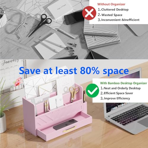 WISUCART Bamboo Desk Organizer Mail Holder Countertop Wood Desk Drawer Tabletop Storage Box Pen Holder Letter Sorter Makeup Organizer for School Home Office Supplies with Pen Holder Pink - color: Pink with Pen Holder