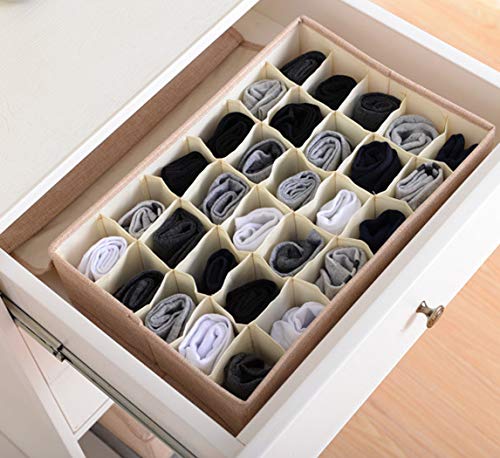 AARAINBOW 2 Packs Underwear Socks Ties Storage Organizer with Lids Foldable Closet Drawer Organizer 60 Cells, Fabric Drawer Wardrobe Divider Storage Boxes for Scarves and Lingerie (30 Cell, 2 Beige) - color: Beige, size: 2*30 Cells