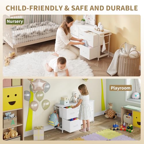 Fabric Dresser for Bedroom, Small Dressers for Kids Bedroom, 7 Drawers Dresser for Closet, Storage Organizer Chest of Drawers for Nursery, Dorm, Apartment, TV Stand, Wooden Top, Side Hook (White) - color: White, size: 11.8"D x 39.4"W x 21.7"H (7 Drawers)