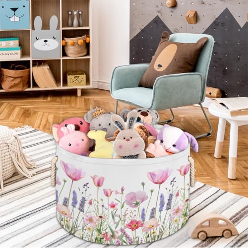 Pardick Large Round Storage Basket Flower Floral Collapsible Circle Storage Bin Basket Laundry Hamper With Handle for Kids Boy Girls Toy Bedroom Living Room Nursery Room Decor Storage Organizer - color: F:flower floral