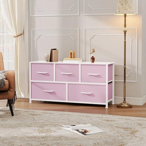 DWVO Dresser for Room with 5 Drawers - Fabric Storage Tower, Long Fabric Dresser, Organizer Unit for Closet, Hallway - color: Pink, style: 5-Drawer