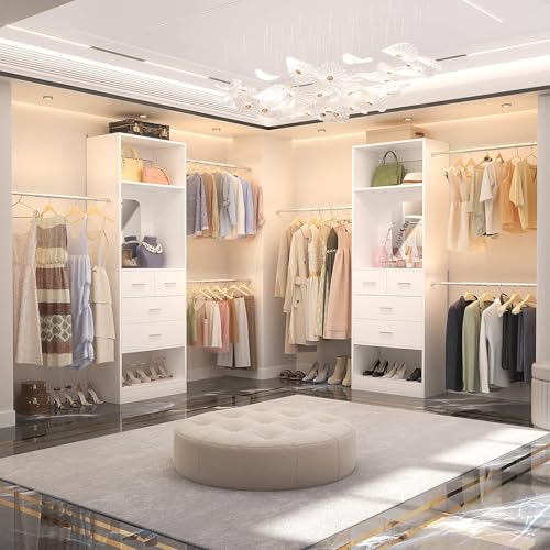 Unikito 48" W - 96” W Closet Organizer, 8FT Walk in Closet Systems Starter Kit with 25” Tower and 3 Extendable Hanging Rods, Sturdy Wood Garment Rack with 4 Drawers and Mirror, Max Load 1000 LBS White - color: White