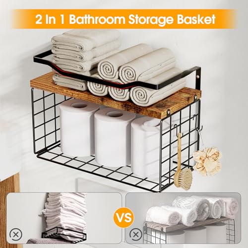Towel Racks for Bathroom,Towel Rack Wall Mounted, 6 Tier Rolled Or Folded Towel Holder with Floating Shelves, Bathroom Towel Holder for Bath, Hand Towels,Metal and Wood - color: Vintage Brown Plank, size: J-type Black Rack