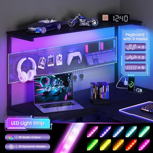 Apicizon L Shaped Desk Gaming Desk with LED Light & Power Outlet, 55 Inch Reversible Computer Desk with Pegboard & Shelf & Storage Bag for Home Office, Black - color: Black, size: 55 in