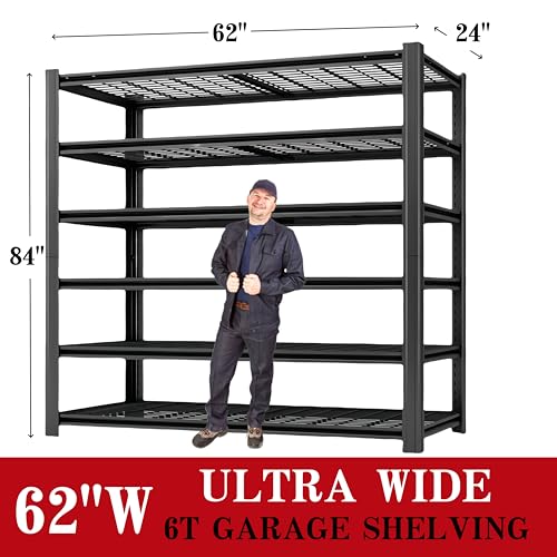 6T 62" W x 24" D x 84" H Garage Shelving Heavy Duty Metal Shelving 4200LBS Storage Shelves Adjustable Metal Shelves for Storage Industrial Garage Shelves for Warehouse Basement - size: 6T 84*62*24