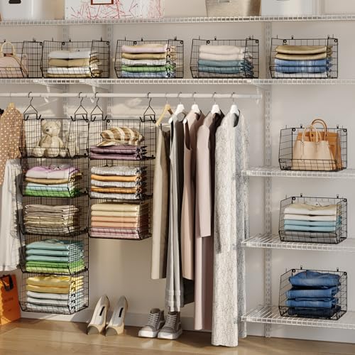 6 Tier Closet Hanging Organizer, Clothes Hanging Shelves with 4 Hanging Hooks 5 S Hooks, Wire Storage Basket Bins, for Clothing Sweaters Shoes Handbags Clutches Accessories Patent Design-Black