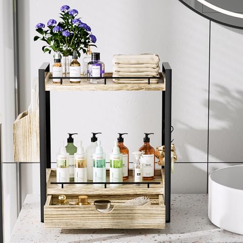 2-Tier Wood Bathroom Counter Organizer, Countertop Organizer with Drawer and Storage Basket, Bathroom Sink Organizer for Vanity, Skincare, Makeup, and Daily Essentials (Light Brown) - color: Light Brown