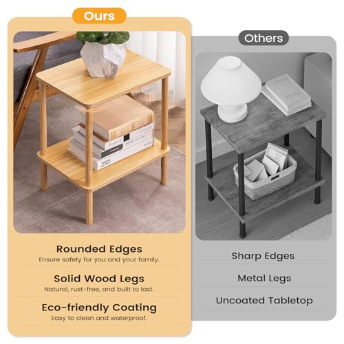 Apicizon 2 Tier End Table Set of 2, Small Side Table with Solid Wood Legs, Boho Bedside Table with Storage Shelf, Nightstand for Small Spaces, Bedroom, Living Room, Entryway, Easy Assembly, Natural - color: Natural, size: 2 Set, style: 2 Tier