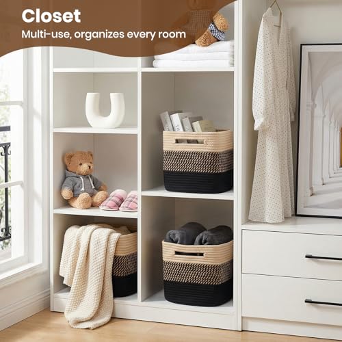 Storage Baskets for Organizing, 14 x 10 x 9” Closet Shelf Woven Baskets, Square Bins with Handles, Cotton Rope Basket for Toys, Clothes, Office, Room, Black+Brown 3 Pack - color: Black+Brown, size: 3pcs