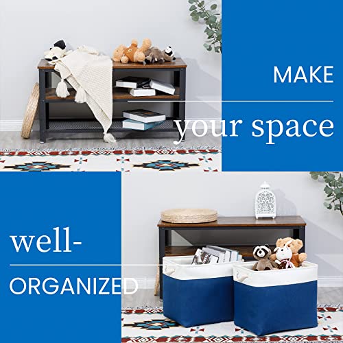 Bidtakay Large Canvas Organization Bins Set of 2 Navy Blue Rectangular Baskets 17x12x15 in for Blankets, Clothes, Towels, Dog Toys Storage - color: White&Blue, size: 2 Pack-XL-17x12x15 In