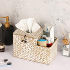 Sumnacon Tissue Box Cover Square Tissue Box Woven Seagrass Tissue Box Holder with Side Organizer, Rustic Tissue Holder for Living Room Bathroom Bedroom Kitchen Office Table Desk, White - color: White