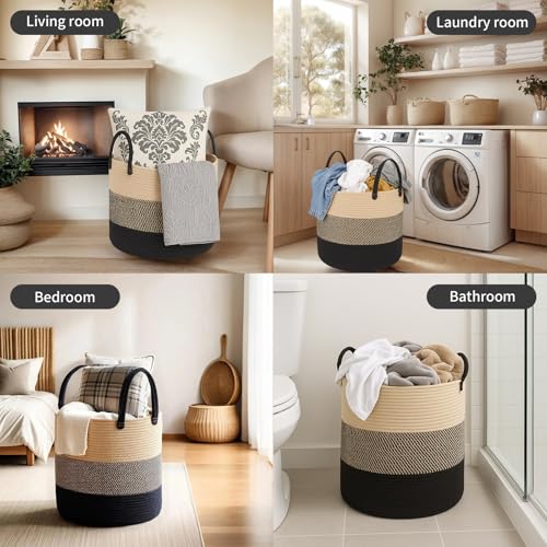 ShellKingdom Laundry Basket, Large Natural Rope Woven Storage Basket with Handles for Home, Living Room, Laundry, Storage Organizer for Blankets, Clothes, Toys, 19.7 x 14.9 INCH (3-Toned Khaki Black) - color: 3-Toned Khaki Black, size: 58L