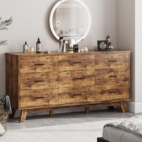 Xixini Dresser for Bedroom, 9 Drawer Wide Modern Chest of Drawers with X-Shaped Sturdy Base, Wood Double Dresser Closet Clothes Storage Organizer, Wooden TV Stand for Living Room, Hallway, Brown - color: Brown, size: 15.6"D x 59.1"W x 29.5"H (9 Drawers)