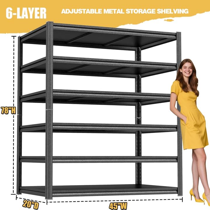 Heavy Duty Garage Shelving, 6-Tier Metal Storage Shelves, 3600LBS, 78" H Adjustable Industrial Rack, Steel Utility Shelf Unit for Warehouse, Garage, Basement, Kitchen, 45" W x 20" D x 78" H - size: 45"W x 20"D x 78"H