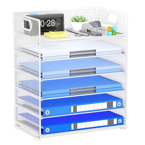 Paper Organizer for Desk with Handle, 6-Tier Metal Mesh File Organizer | Stackable Letter Tray for Office Documents & Stationery Storage - color: White, size: 12.6" x 9.1" x 13.5"