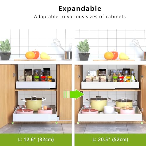 2 Pack Pull Out Cabinet Organizer 21" Deep Expandable Slide Out Drawer Organizers,No Drill Pull Out Drawers Adhesive with Nano Compatible Framed Cabinets Shelves For Kitchen Pantry Adjustable Width - color: White, size: 21"D x12.4"-20.47"W (2 Pack)
