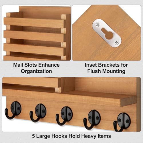 Lwenki Key Holder for Wall – Decorative Wooden Mail Holder and Key Shelf with Mounting Hardware, Installation Guide – Paulownia Wood with Metal Key Hooks (Light Brown, Large - 11.8inch) - color: Light Brown, size: Large - 11.8inch