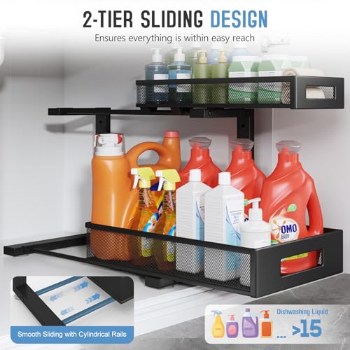 2 Pack 17IN Depth Under Sink Storage Organizer, Large 2-Tier Elegant Mesh Pull Out Shelf for Kitchen and Bathroom Cabinet Organization, L-Shaped and Adjustable Height Design-Black - color: Black, size: 2 Pack-17"Dx11.4"-16.14"H