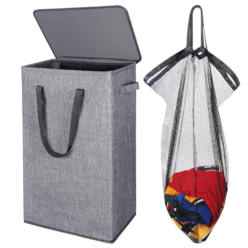 Odonata 75L Slim Laundry Hamper with Lid,Large Foldable Laundry Basket with Removable Bag and Handles Tall Collapsible Dirty Clothes Basket Great for Bedroom, Bathroom, Dorm, College,RV. (Grey, 75L) - color: Grey