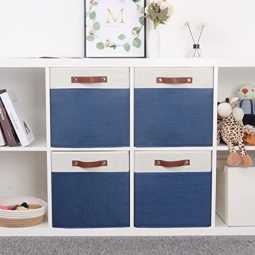 Temary Fabric Storage Bins for Cube Organizer 4 Pack Cube Storage Bins 13 Storage Cubes for Shelves Storage Baskets for Organizing Books, Clothes, Towels (White & Blue, 13x13x13 Inch) - color: White&Blue, size: 13×13×13