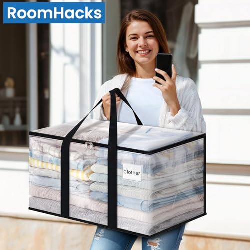RoomHacks Heavy Duty Clear Moving Bags with Reinforced Handle and Double Zipper, Storage Totes, Packing Bags Alternative to Moving Essential and Supplies Box, Clear, Large, 6 Packs - size: 88L- 6Packs