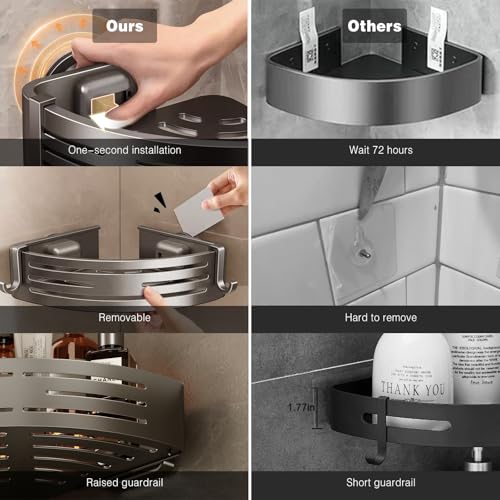 Voldra Corner Shower Caddy Suction Cup, 1 Pack Corner Shower Shelves No Drilling, Aluminum Upgrade Suction Cup Shower Organizer Corner with Towel Bar & Hooks Removable Bathroom Storage Rack(Gray) - style: Suction Cup Triangle-1 Pack