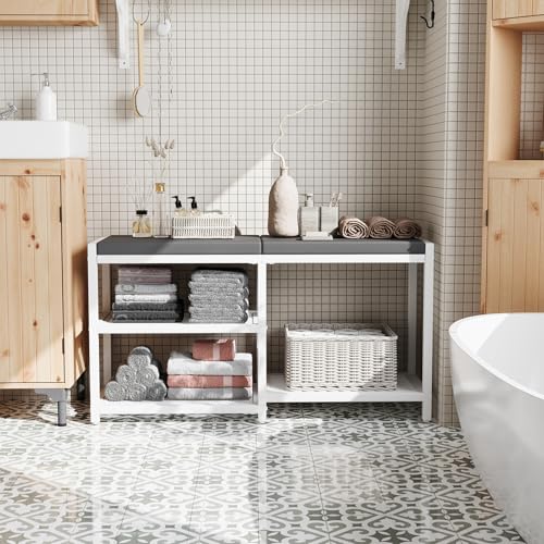 ZHOOGE Shoe Bench & Rack Storage Bench with Seat Cushion, Stable Entryway Bench Holds Up to 300 lb, (35" L x 12" W x 17" H, White) - color: White, size: 35"L x 12"W x 17"H
