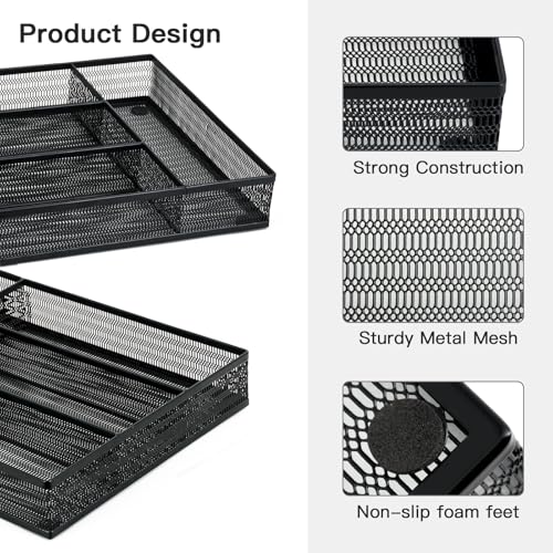 Neudeco Drawer Organizer Set 6 Pack - 5-Compartment Silverware Organizer Tray + 5 Utensil Trays, Kitchen Drawer Organizer for Flatware, Cutlery, Office Supplies, Black Mesh, Non-Slip. - color: Black-6L pack