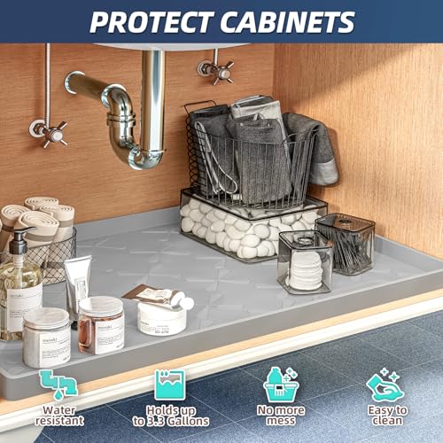 SIKADEER Under Sink Mat Waterproof 34" x 19", Silicone Mat Kitchen Drawer Shelf and Cabinet Liner, Sink Protector for Kitchen Organizers and Storage, Boot Tray Pet Food Mats - color: Gray, size: 34"W x 19"L
