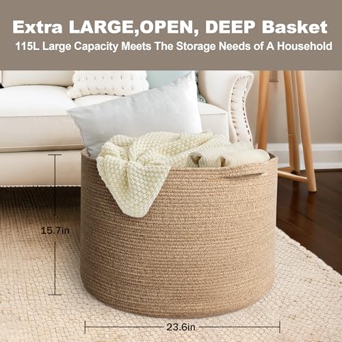 MEGASKET 115L Wicker Storage Basket, 23.6"x15.7" Woven Cotton Rope Basket, Giant Kids Dog Toy Bin Organizer, XXXL Blanket Pillow Holder for Living Room, Brown Variegated Wicker Baskets for Organizing - color: Brown Variegated, size: 23.6"x23.6"x15.7"