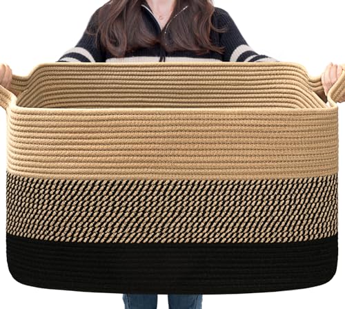 Goodpick Woven Blanket Basket, 21.6" x 14.9" x 11.8" Wicker Laundry Basket for Clothes, Storage Baskets for Organizing, Rectangle Rope Large Baskets for Storage, Black Jute - color: Black Jute, size: Large(21.6"L x 14.9"W x 11.8"H)