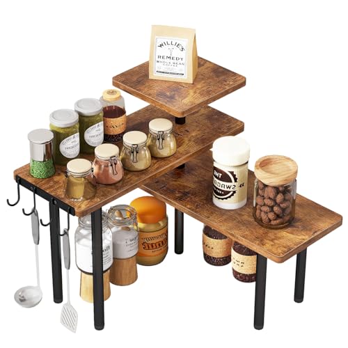 IBUYKE Kitchen Countertop Organizer,3-Tier Wooden Spice Racks,Bathroom Counter Organizer，Rotating Adjustable,4 Side Hooks,Corner Shelf for Kitchen,Coffee Bar, Cabinet, Desk,Rustic Brown,TLJ023H - color: Brown, size: 1 pack (Improved)