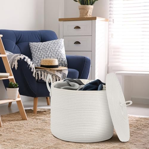 18" X 18" X 14" Extra Large White Basket with Lid, Woven Cotton Rope Basket for Blankets for Living Room, Kids Toy Storage Bin, Wicker Bathroom Towel Storage, All White Bins for Organizing - color: Full White