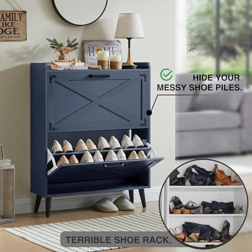 Barnyatoh Shoe Storage Cabinet,Farmhouse Shoe Organizer with 2 Flip Drawers & Barn Door Design,Freestanding Hidden Slim Narrow Shoe Rack Cabinet for Entryway,Foyer,Hallway,Navy Blue - color: Navy Blue, size: 2-Drawers