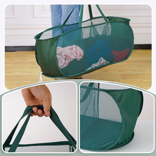 Up Laundry Hamper - Collapsible Mesh up Laundry Basket, 3 Compartments Collapsible Mesh Laundry Baskets Clothes Foldable Tote with Handle for Bathroom, College Dorm, Travel (Green)