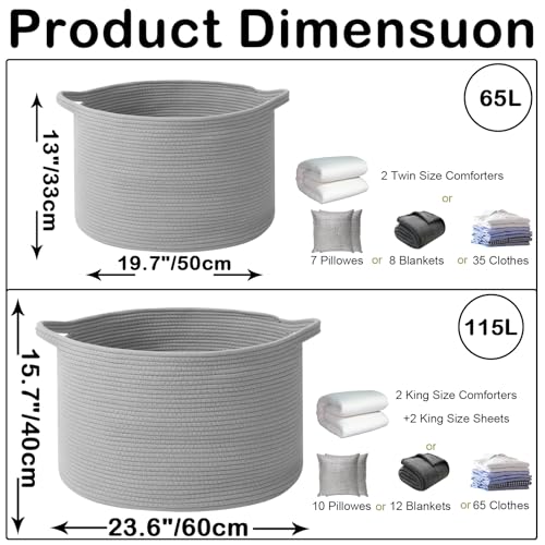 115L Extra Large Blanket Basket,Woven Rope Laundry Basket Hamper with Handles, Decorative Nursery Basket Storage Bin for Toys, Clothes Organizer, Living Room, Bedroom, Bathroom, Light Grey - color: Light Grey, size: 23.6"L x 23.6"W x 15.7"H(115L)