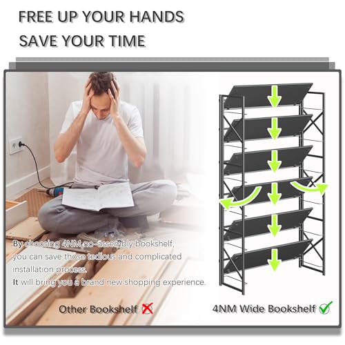 4NM Extra Wide 6 Tiers No Assembly Book Shelves, 61.8" H Folding Bookshelf Bookcase Open Industrial Foldable Shelves for Bedroom, Living Room, Home Office - All Black - color: All Black, size: Wide XX 6-Tier