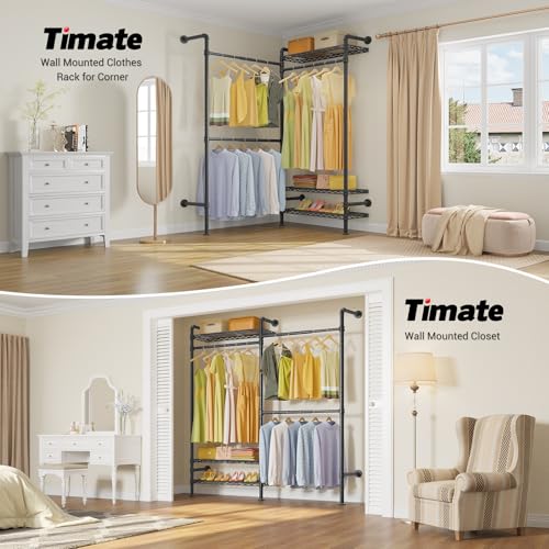 Timate F2 Industrial Pipe Clothes Rack Wall Mounted Clothing Rack for Hanging Clothes, Expandable Garment Racks Heavy Duty Wardrobe Closet Organizer and Storage, Black Adjustable Industrial Closet Kit - color: Black, style: Timate F2