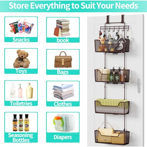 HapiRm Over The Door Organizer - Hanging Door Organizer with 4 Metal Large Capacity Baskets and Adjustable Coat Hook for Bathroom Bedroom Kitchen Pantry Closet Cabinet - color: Brown