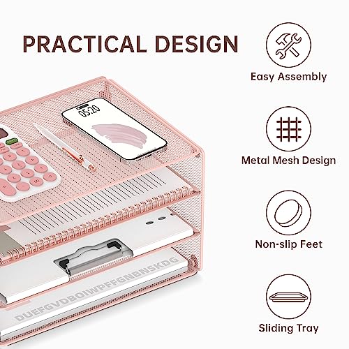 DALTACK 3 Tier Letter Tray Paper Organizer for Desk, Mesh Metal Desk File Organizer with Sliding Trays for Letter/A4 Paper, Mail, Bills & Folders, Pink - color: Pink