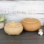 Hipiwe Round Rattan Basket Box with Lid Hand-Woven Wicker Basket Bin Tray Multi-Purpose Picnic Food Bread Storage Basket Decorative Box for Home Bathroom Shelf Organizing, Small - size: Small,7.9"D x 4.1"H