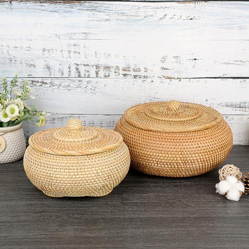 Hipiwe Round Rattan Basket Box with Lid Hand-Woven Wicker Basket Bin Tray Multi-Purpose Picnic Food Bread Storage Basket Decorative Box for Home Bathroom Shelf Organizing, Small - size: Small,7.9"D x 4.1"H
