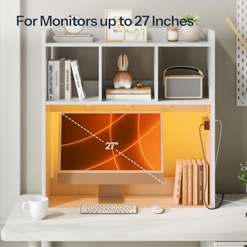 HOOBRO Desktop Bookshelf, Office Desktop Shelf, Desk Hutch with Outlets, Wooden Office Desktop Bookcase, Desktop Organizer Shelf with LED Light Strip and 3 Hooks, for Home, Study, White WT12UDSJ01 - color: White