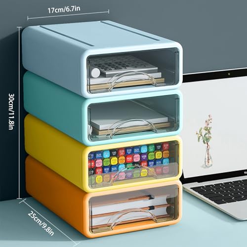 Desk Organizer with Drawers, Stackable Storage Drawers with Compartments Desktop Organization for Office Supplies, Makeup, Pencils, Tape, Erasers, Paperclips, Chargers (4 Pack) - color: Orange+Green+Yellow+Grey